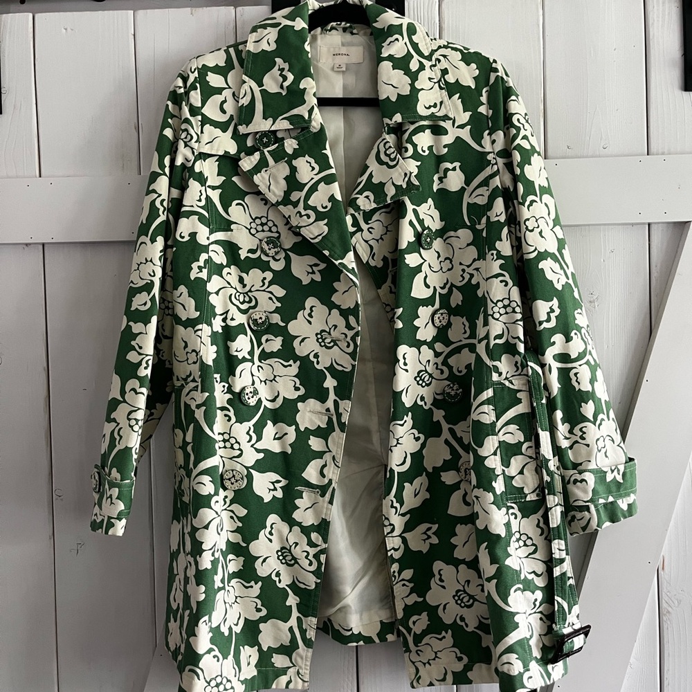 Merona Green and White Trench Coat with Botanical Print